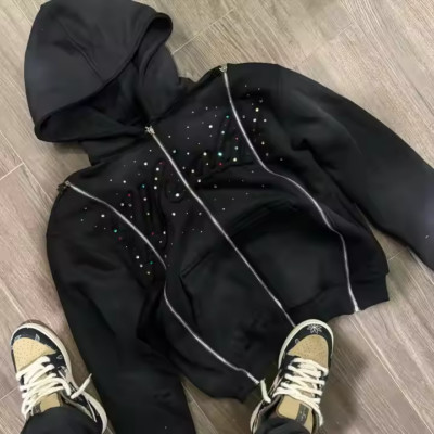 Mens Hoodie Rhinestone Sweatshirt Long Sleeve Jacket Casual Streetwear unisex