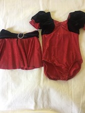 Child Size Medium Weissman Red Black Foil Shine Dance Leotard and Skirt Costume