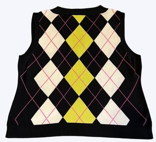 Liz Claiborne Large Sweater Vest Cableknit White Argyle Black Yellow - Picture 2 of 2