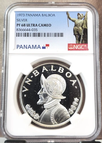 1973 PANAMA SILVER 1 BALBOA VASCO NUNEZ NGC PF 68 ULTRA CAMEO SCARCE GEM PROOF