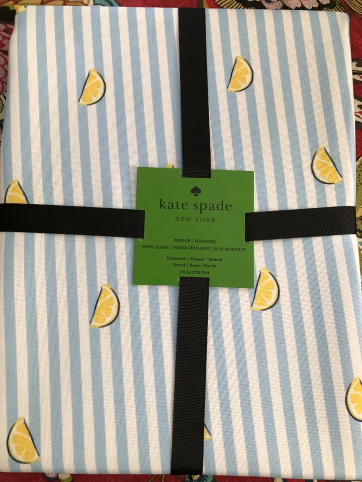 Kate Spade ZITRONEN auf blau & weißen Streifen 70" runde Tischdecke -- Neu mit Etikett
