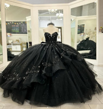 Princess Black Beaded Ball Gown Quinceanera Dresses Court Train Sweet 15 16