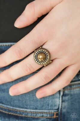 Ring Brown Pearl Brass Stretch Bronx Beauty Paparazzi Vintage