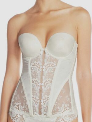 $270 Simone Perele Women's Ivory Satin Lace Plunge Covertible Bustier Size 32C