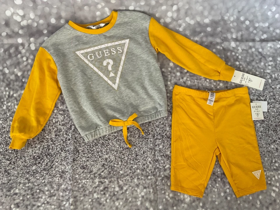 Guess Toddler Girl 2-Piece Grey & Yellow Drawstring Sweatshirt & Bike Shorts Set - Image 2 of 4