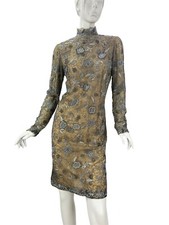Vintage Oscar de la Renta Smoky Gray Metallic Lace Fully Embellished Dress 10