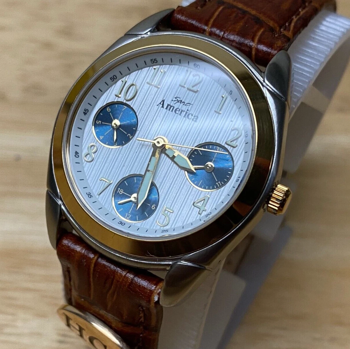 Vintage Sport America Watch HCA Quartz Women Dual Tone Leather