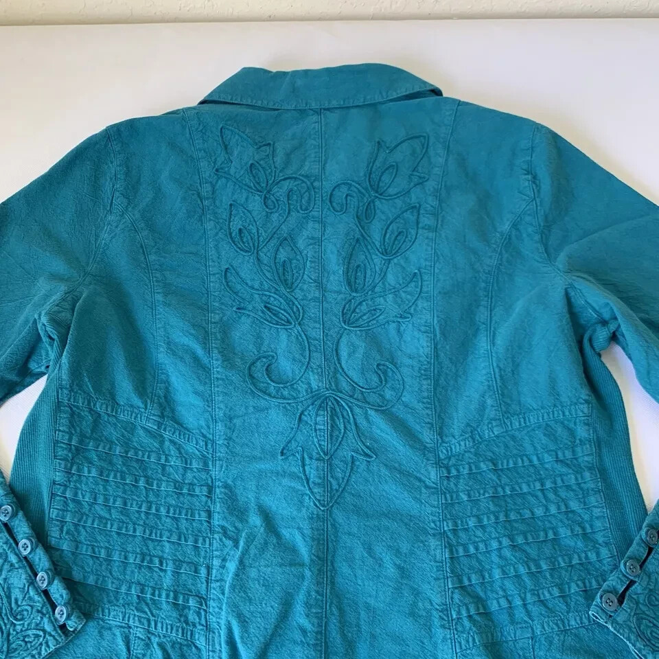Soft Surroundings Shirt Women Large Teal Blue Floral Embroidered Button