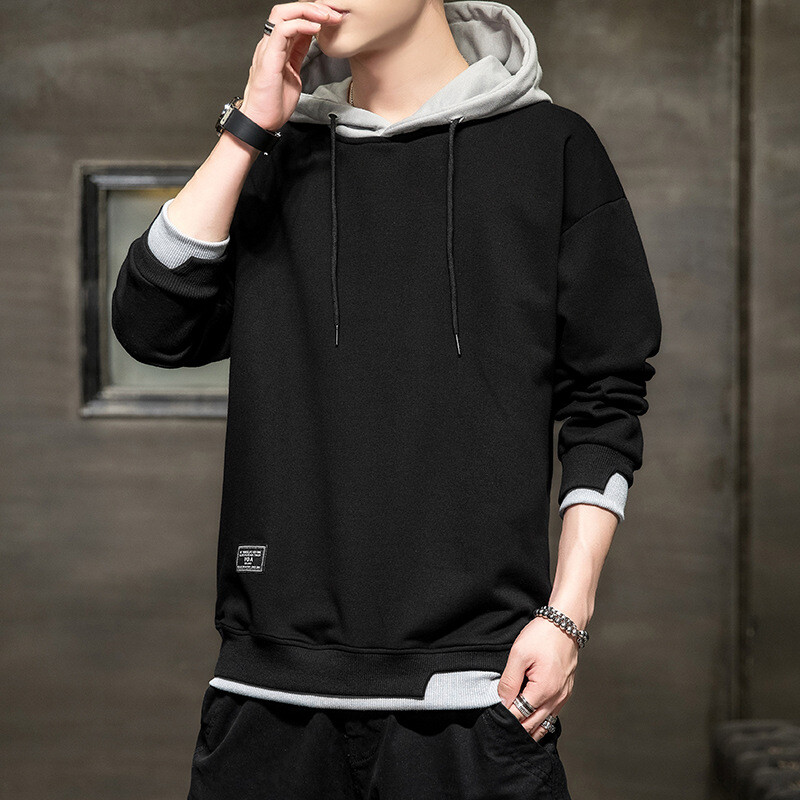 Men Sweatshirt Hooded Fake Two Piece Jumper Top Hoody Casual