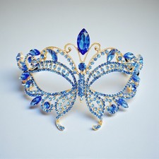 Gold masquerade mask, Blue crystal mask, Cosplay mask, Venetian mask, ball mask