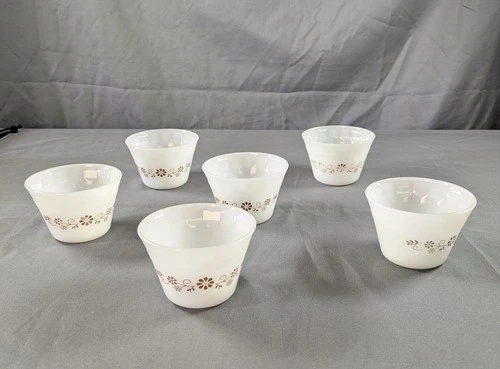 VINTAGE SET OF 6 Dynaware • Pyr-O-Rey • Ramekin Glass Custard Cups • Brown Daisy