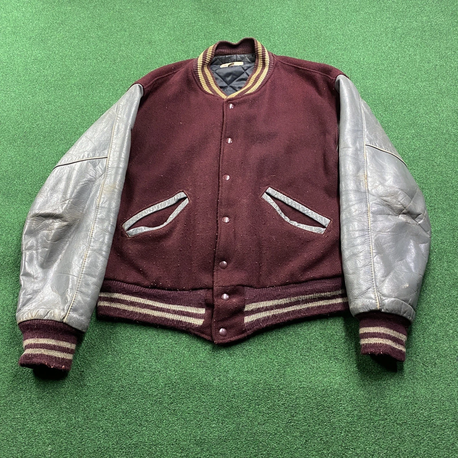 Vintage 60S 70S Letterman Jacket Mens 48 Maroon Leather Wool Varsity Coat USA