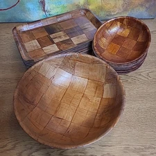 Woven Wood Serving Set 1 Serving Bowl 8 Small Bowls 8 Rectangle Trays