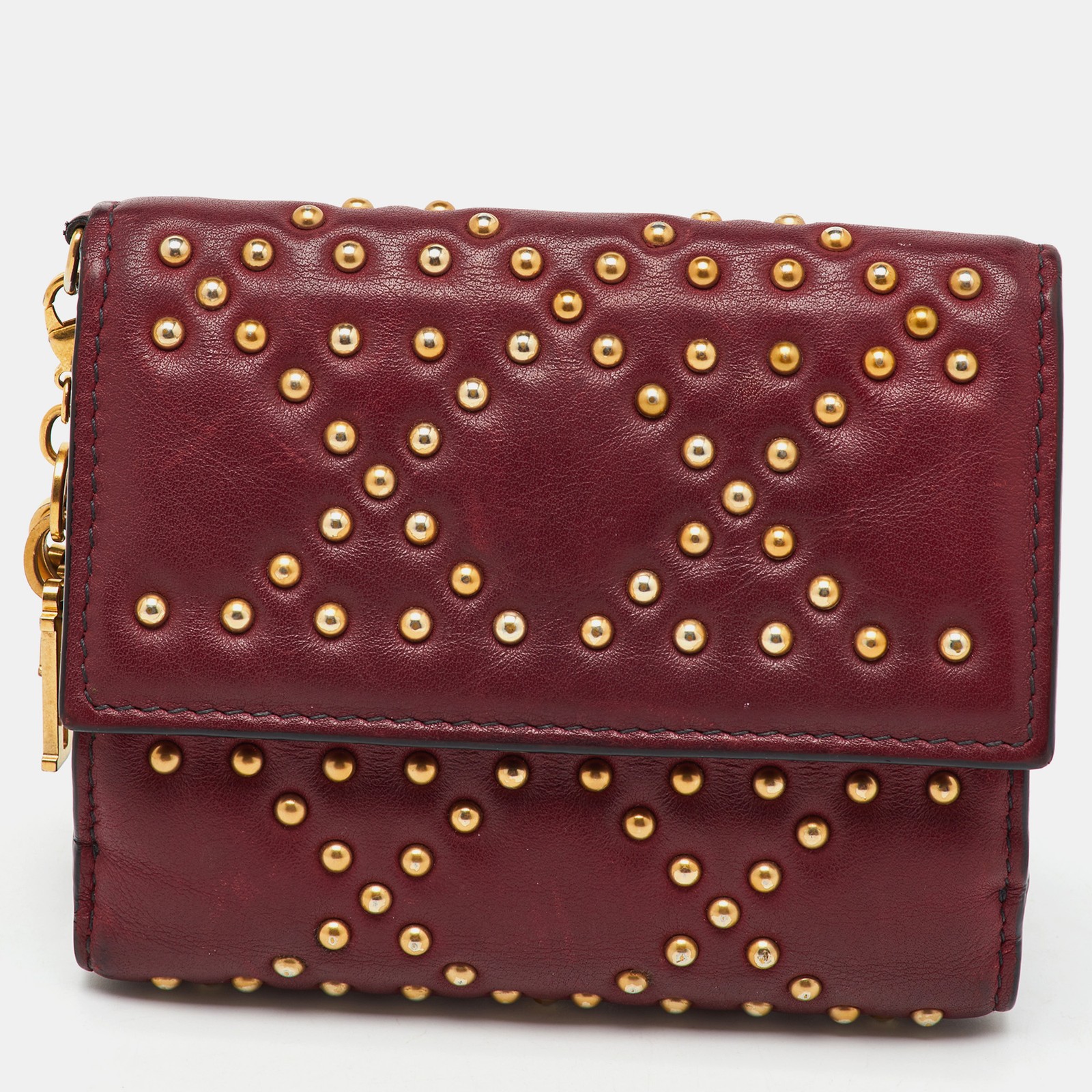Dior Burgundy Leather Studded Lady Dior Compact Wallet