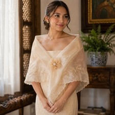 Filipiniana Alampay Floral Brooch included, Elegant Cream Embroidered Shawl Wrap