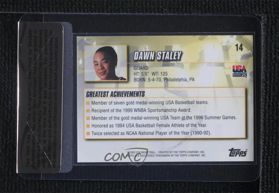 BAS 2000 Topps Team USA Dawn Staley #14 Seal of Authenticity Auto HOF - Image 2 of 2