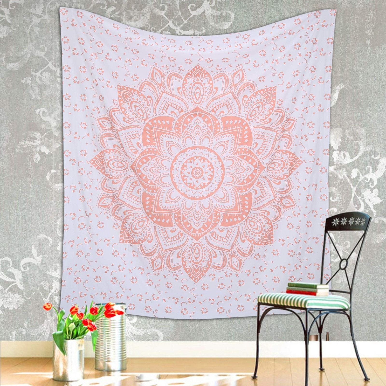 Glittering Rose Gold Pink Tapestry Wall Hanging Mandala-Bohemian Room Decor-I...