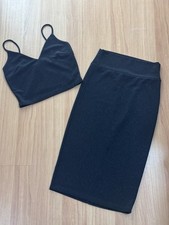 Womens Black Shimmer 2 Piece Set Small Crop Top Midi Skirt Vintage USA