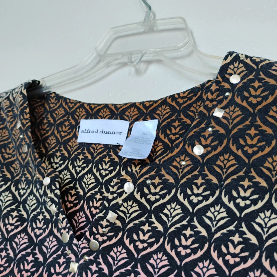 Camiseta Alfred Dunner Top Marrón/Negro/Naranja 3/4 Slv Algodón Tachonado ~ Talla XL Foto 3 de 4