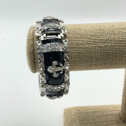 Fleur de Lis Rhinestone Cuff Bracelet Black Enamel Silver Tone Wide Hinged - Picture 6 of 6