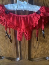 VTG ,Frederick's of Hollywood ,RED Lace , BLK Satin BOW ,Garter Belt NWT  L 