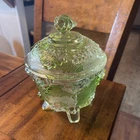 Vintage Four Footed Green/Clear Grape Leaf Glass Candy Dish With Lid