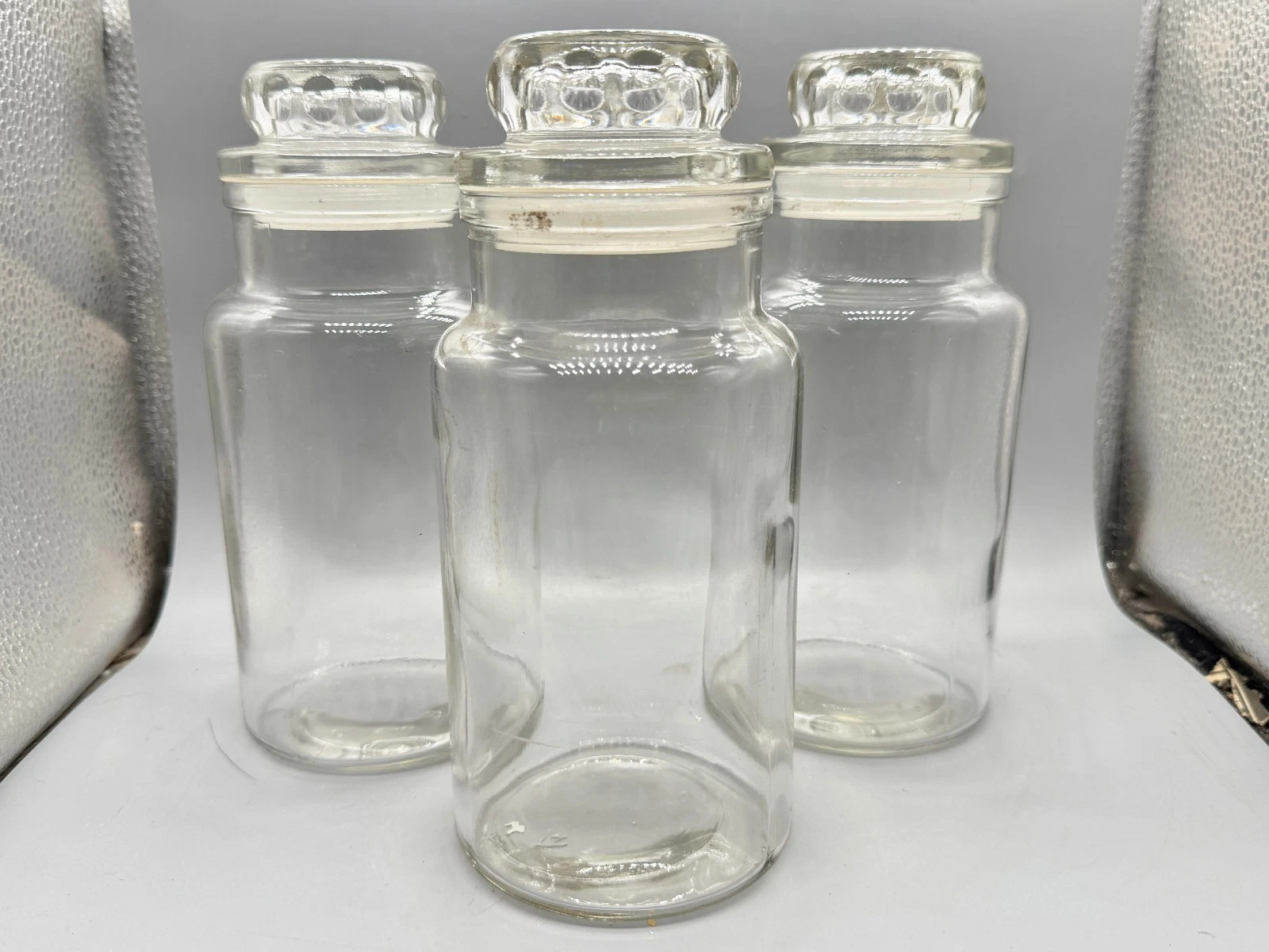 VINTAGE GLASS STORAGE JARS SET OF 3 WITH PRESSED GLASS LIDS KITCHEN CANISTERS