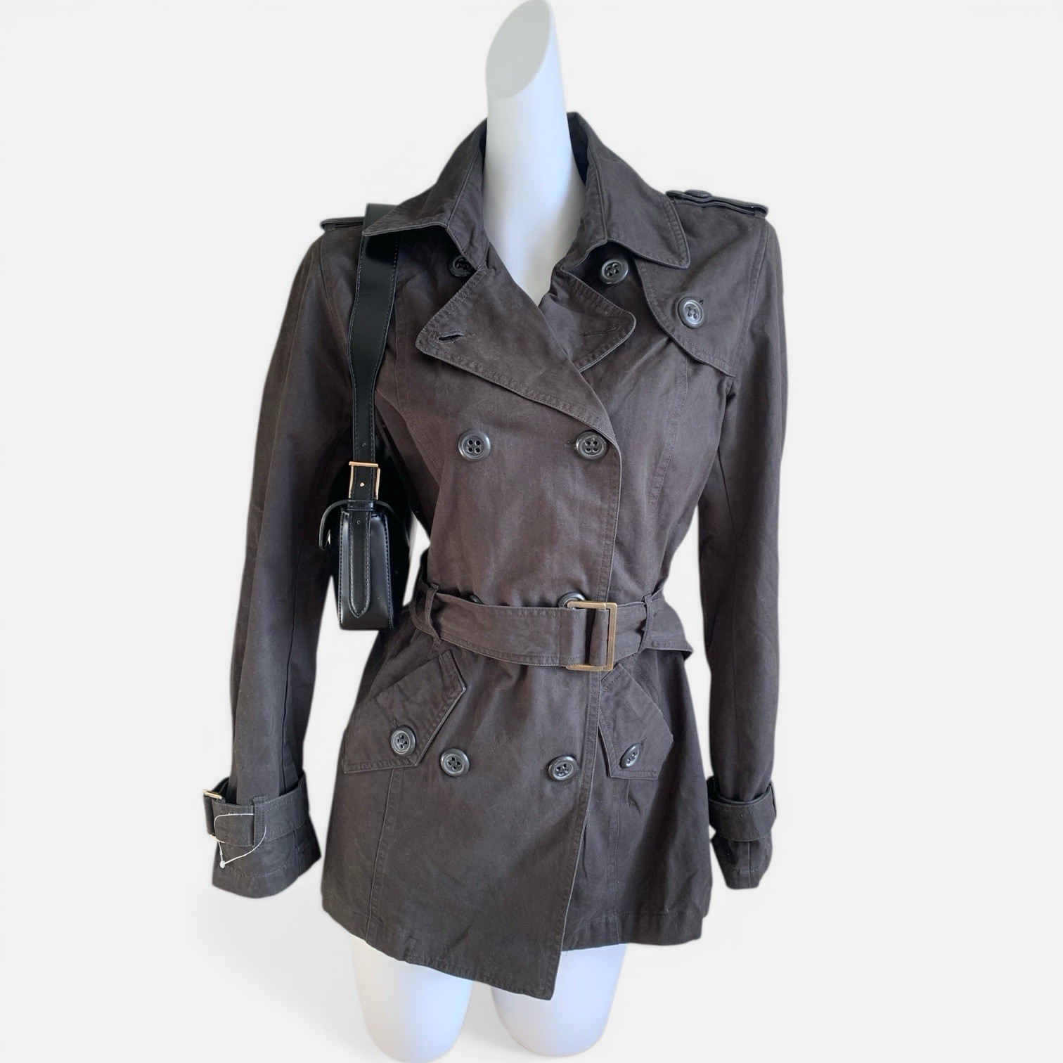 Women DeFacto Short Trench Coat Gray Brown Belted Double Breasted NWT M
