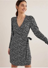 NEW Boden Women’s Wrap Dress 6 Black White Swirl Sprig Long Sleeve Floral Mini
