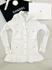 CHANEL Vintage 97 CC Logo Ribbed Knit Cotton Cardigan Sweater White Sz 38