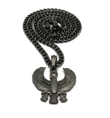 Hematite Plated Egyptian Horus Bird Pendant 24'' Box Cuban Chain Hip Hop Necklace