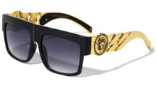 BLACK GOLD CUBAN LINK CHAIN SQUARE MEDALLION SUNGLASSES RETRO DESIGNER FASHION