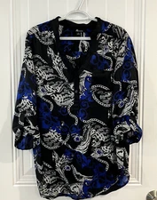 AB STUDIO Women's Large 3/4 Sleeve Retro Mod Print V-Neck Buttons Top Blue Black