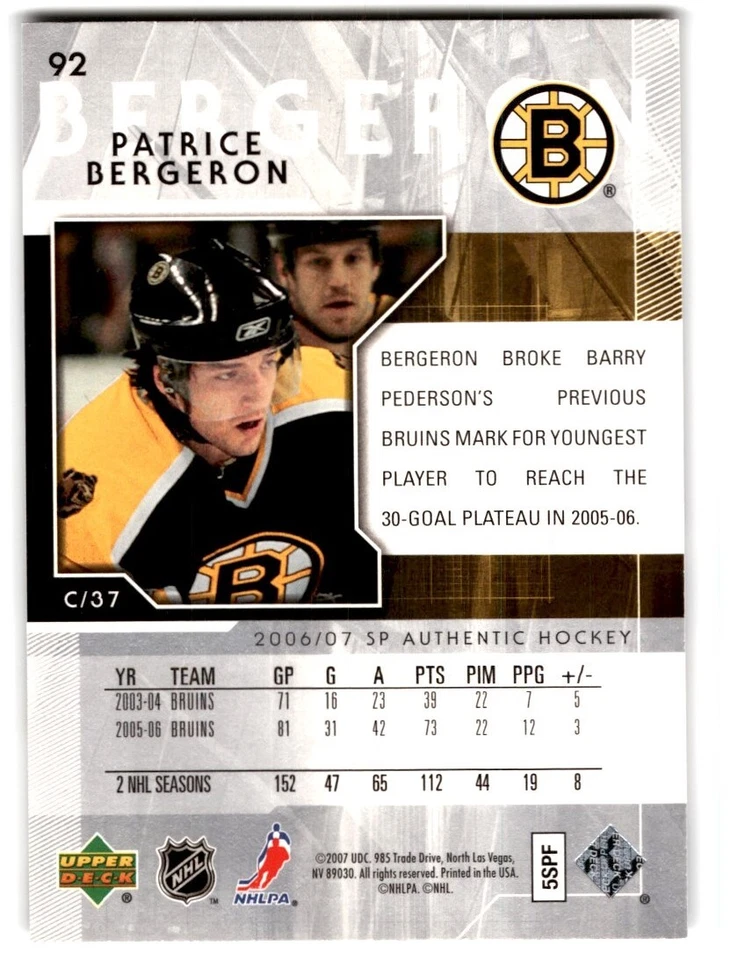 2006-07 SP Authentic Patrice Bergeron #92 Boston Bruins - Image 2 of 2