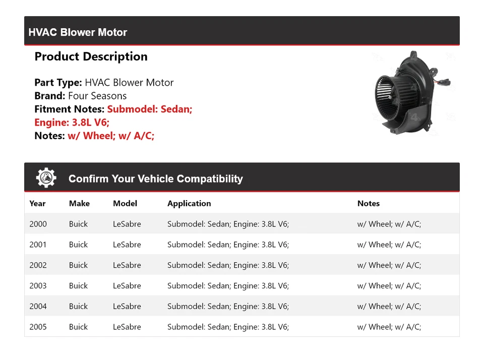 Para Buick LeSabre 2000-2005 sedán 3,8 L V6 motor soplador de climatización 4 estaciones 2001 2002 Foto 2 de 4