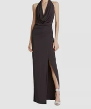 $576 Halston Women's Gray Emery Halter Neck Matte Jersey Gown Dress Size 12