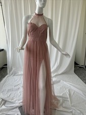 NWT Fashion Nova Tulle Gown Maxi Dress Sz XS Womans Blush Pink Halter Neck Lined