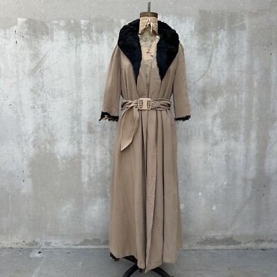 Vintage 1930s Brown Wool Coat Fur Collar Long Sleeve Belted Art Deco Jacket 