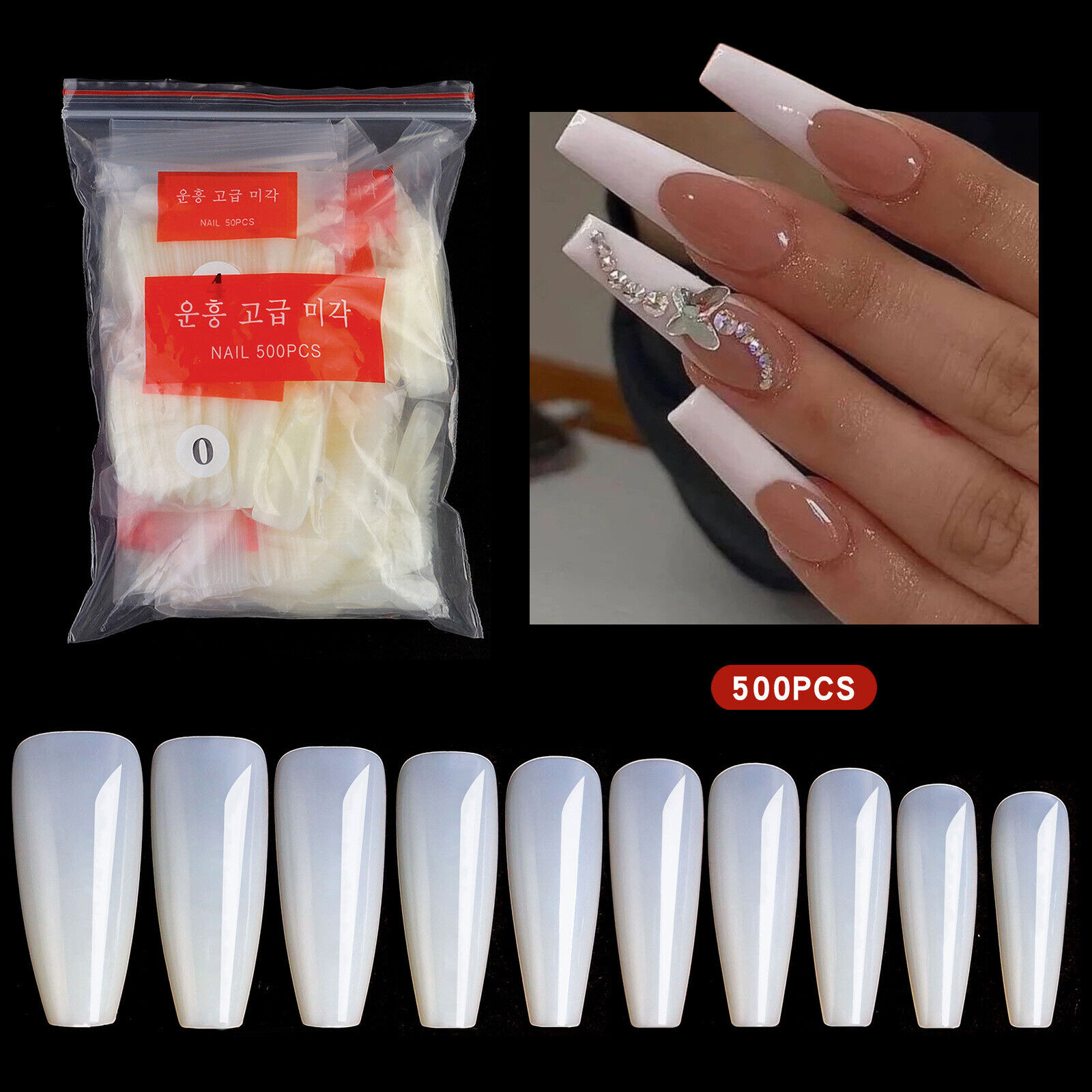 500pcs Clear Natural Full Cover Fake Nails Flat Shape Nail Art Tip 10 Sizes  Gift | eBay