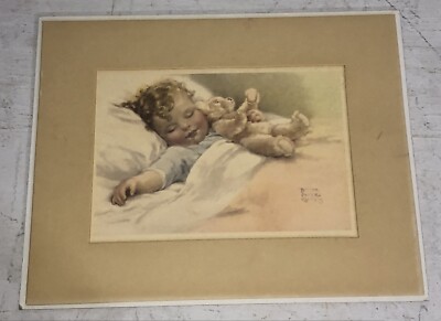 Bessie Pease Gutmann Happy Dreams Litho Print Matted 8x10 Child Sleeping Teddy