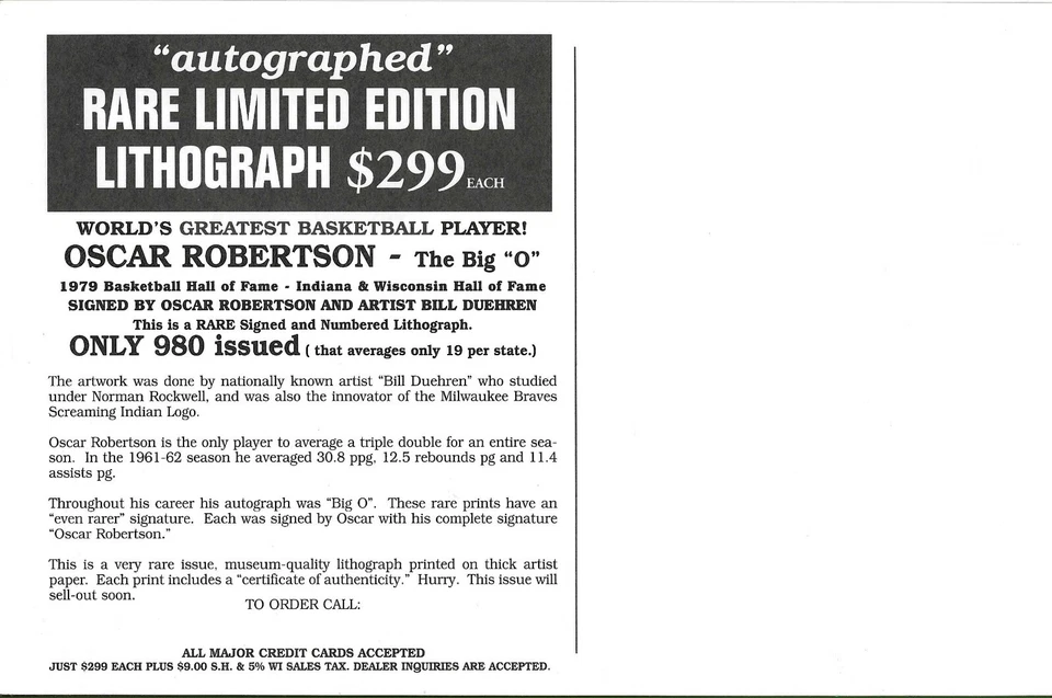 Antiguo anuncio litográfico autografiado de Oscar Robertson de los Milwaukee Bucks Salón de la fama BAS Foto 2 de 2