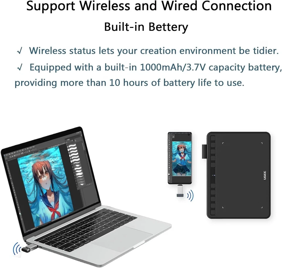 UGEE S640W Zeichentablett, kabellos, 15,2 x 10,2 cm, mit 10 Tasten und 8192 Stif - Bild 4 von 4