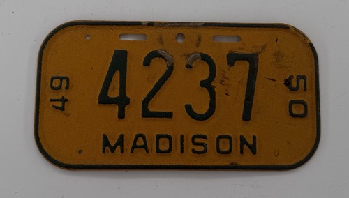 1949-1950 Wisconsin Madison Bike License Plate # 4237 Rare Year