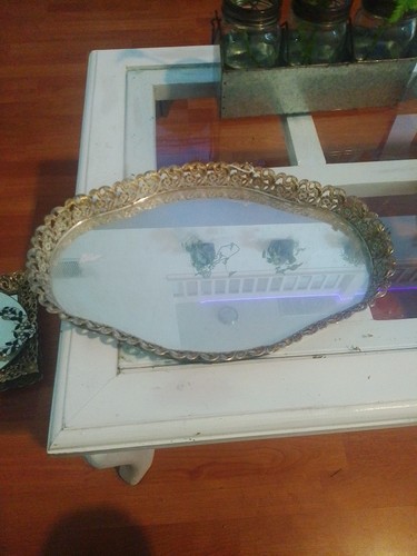 Vintage Oval Gold Floral Filigree Mirrored Vanity Tray 10" X 15"