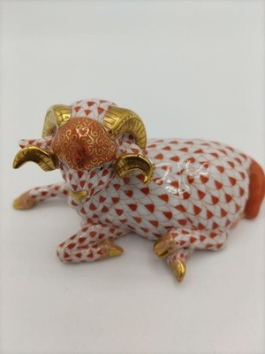 Herend Sheep Ram Curly Horn Figurine 24K Rust Orange Fishnet Design Collectible