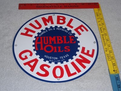 VINTAGE HUMBLE GASOLINE OIL +REFINING 11 3/4'' PORCELAIN METAL HOUSTON TEXAS SIGN