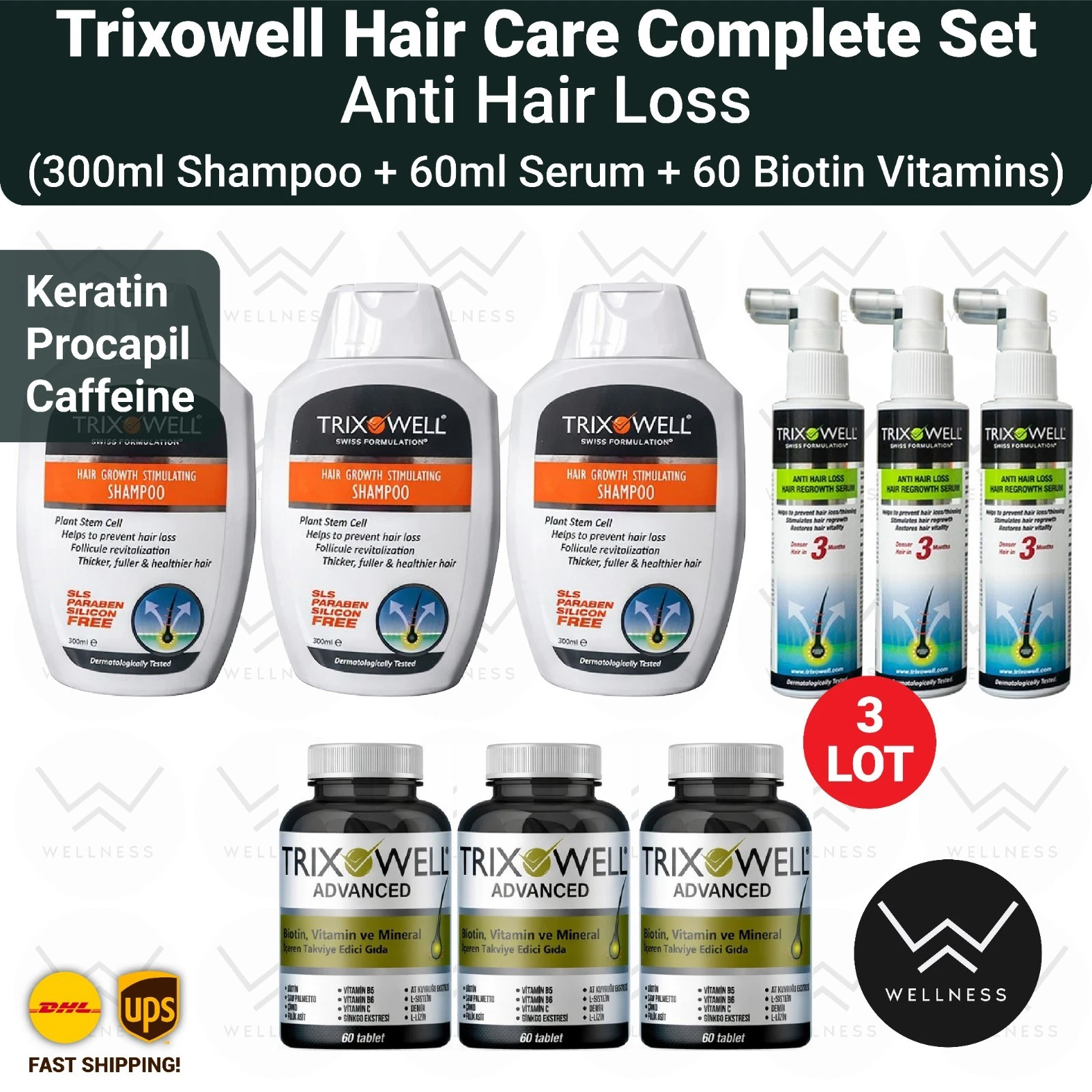 Trixowell Anti Hair Loss Complete Set ( Shampoo + Serum + Tablet ) - 3 LOT