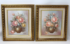 Pair Original Oil Paintings Still Life Floral Bouquet J. Justin 14x12 Gold Frame