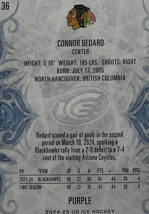 Connor Bedard PSA 10- 2024 Upper Deck ICE ‘Purple’ -Blackhawks Phenom view 7