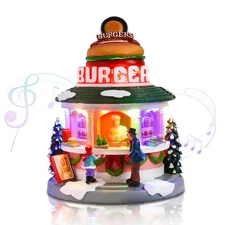 Christmas Village Houses - Animated Hamburger Shop with LED Lighted and 8 Xma...